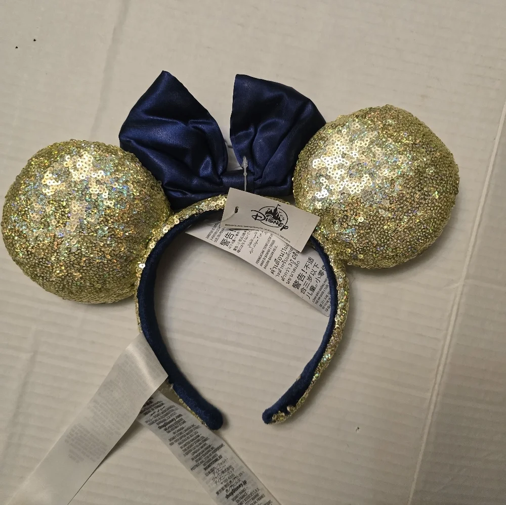 Disney Glittering Gold 50th Anniversary Ears with Navy Bow